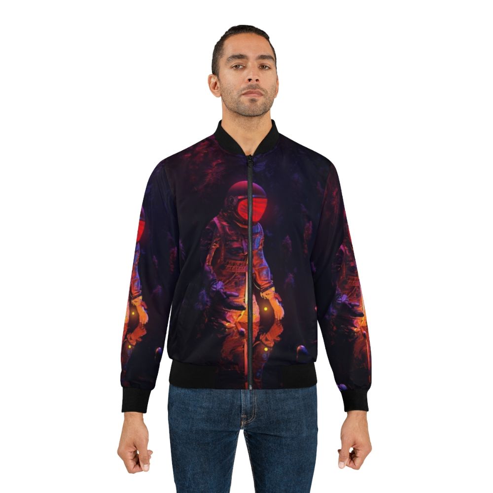 Stellar bomber jacket with cosmic, surreal design featuring planets, stars, and sun - Lifestyle