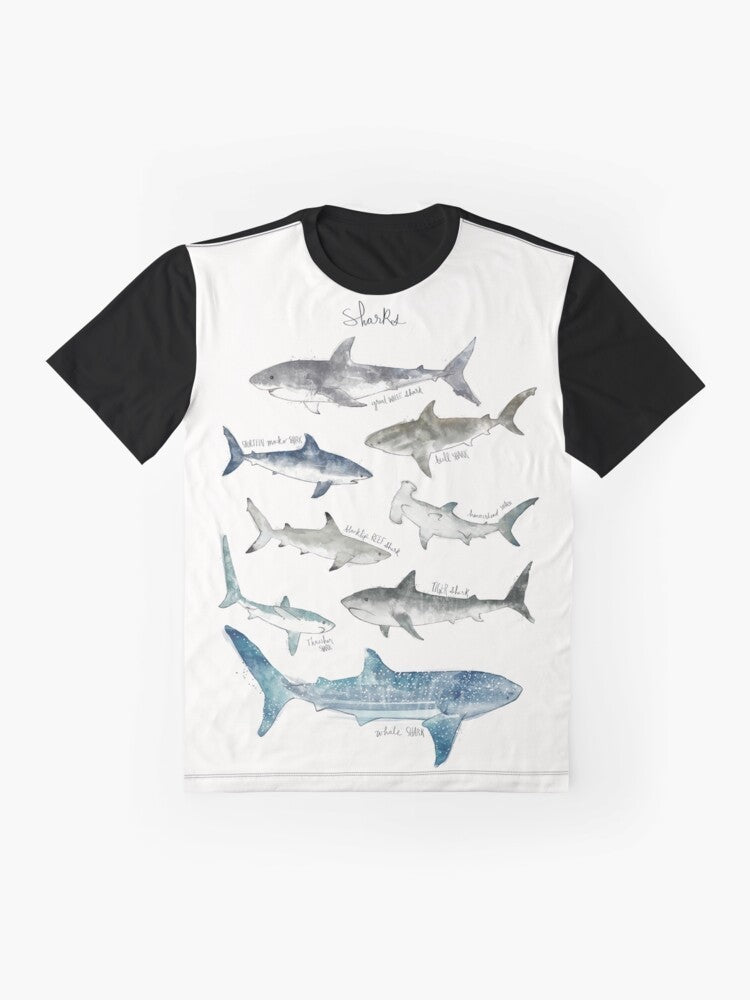 Sharks Graphic T-Shirt with Various Shark Species - Flat lay