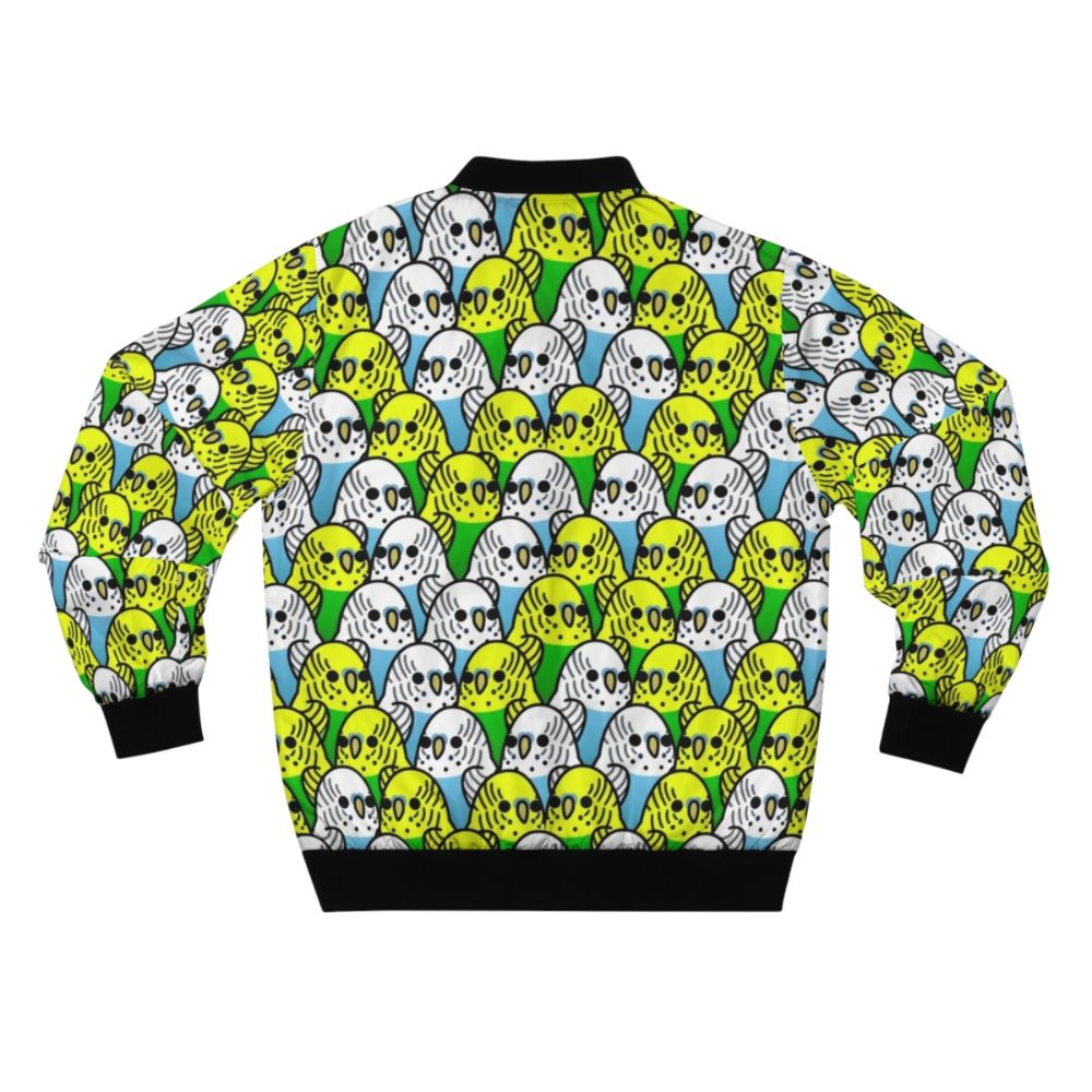 Colorful bird-themed bomber jacket with the text "Too Many Birds! Budgie Squad 1" - Back