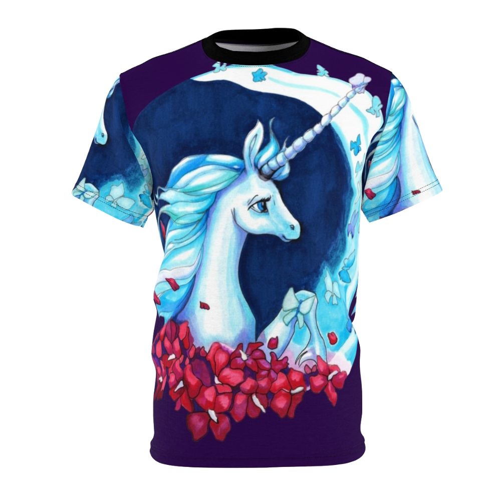 Enchanting moonlight unicorn t-shirt with blue butterflies and floral elements