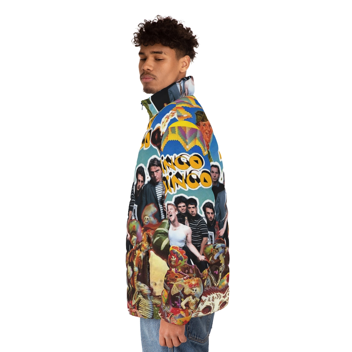 Oingo Boingo Puffer Jacket featuring the band's iconic logo and retro 80s new wave style - men side left