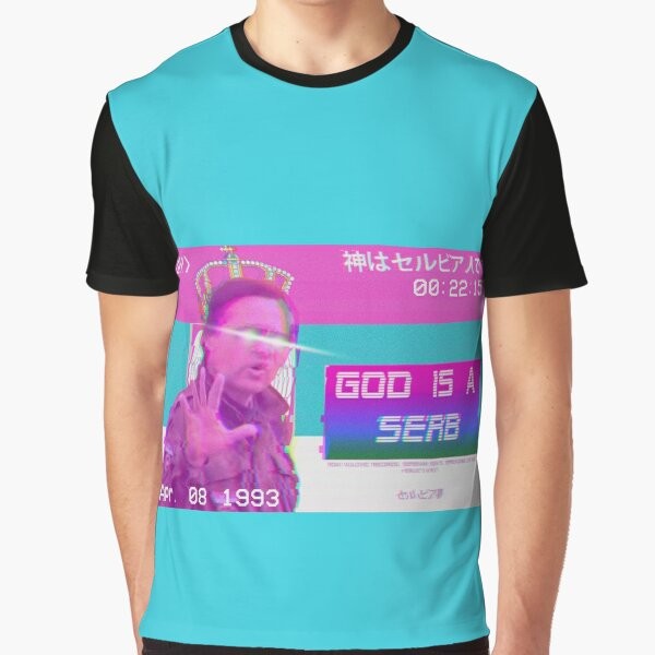 Roki Vulovic "God Is a Serb" vaporwave-style graphic t-shirt with Serbian and Yugoslav imagery