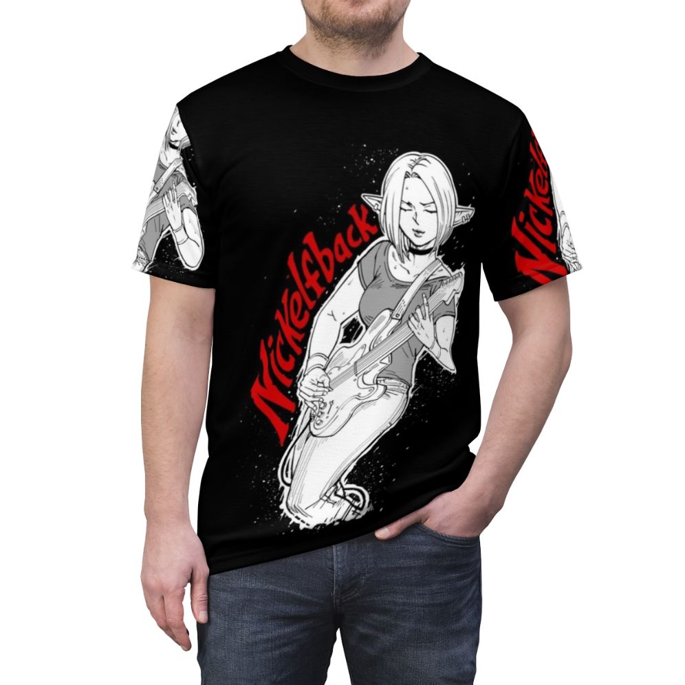 Magical elf rock band graphic t-shirt featuring a fantasy music parody design - men front