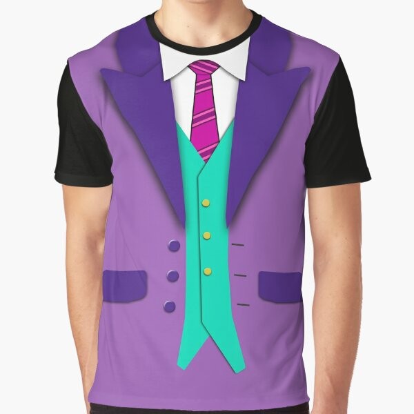 Graphic t-shirt featuring a colorful suit, tie, and vest design