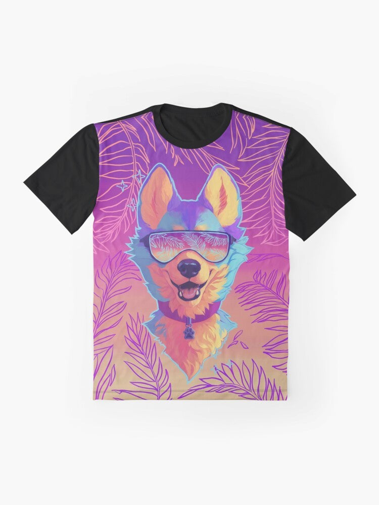 A graphic t-shirt featuring a sparkle dog with an anthro, vaporwave-inspired design. - Flat lay