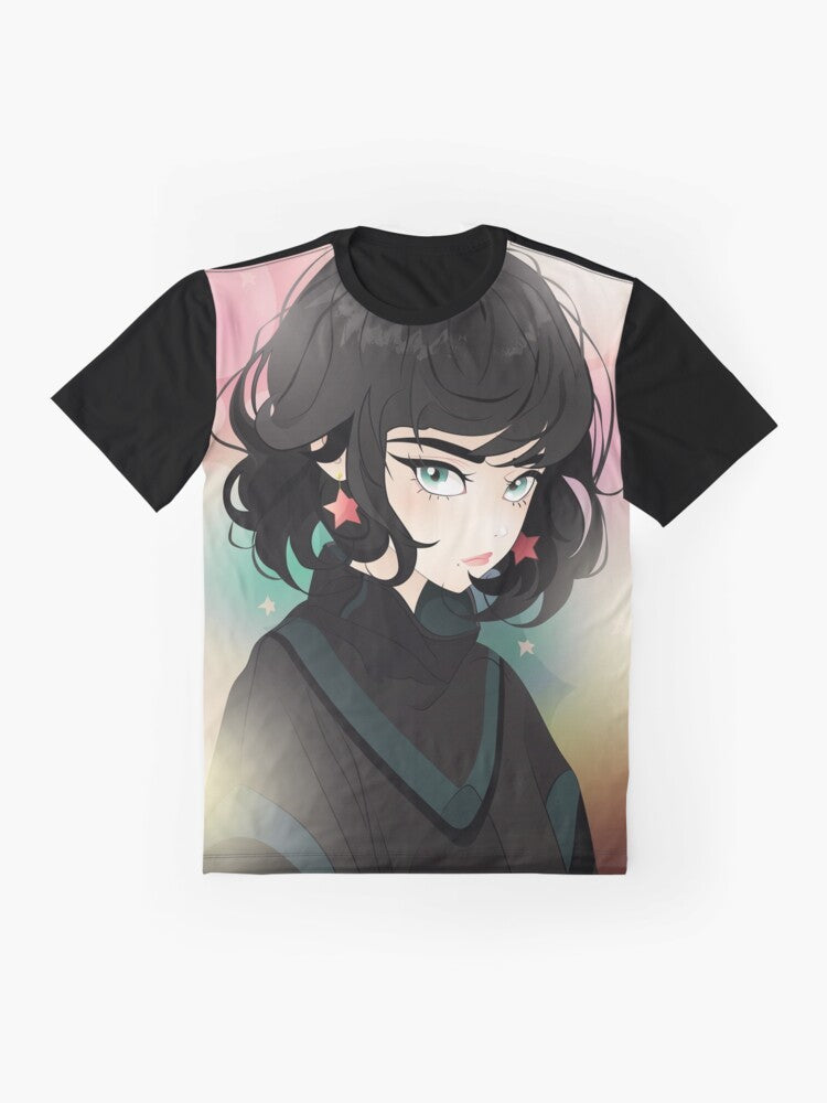 A fashionable star graphic t-shirt featuring a digital illustration of a Japanese woman with big eyes in an anime style. - Flat lay