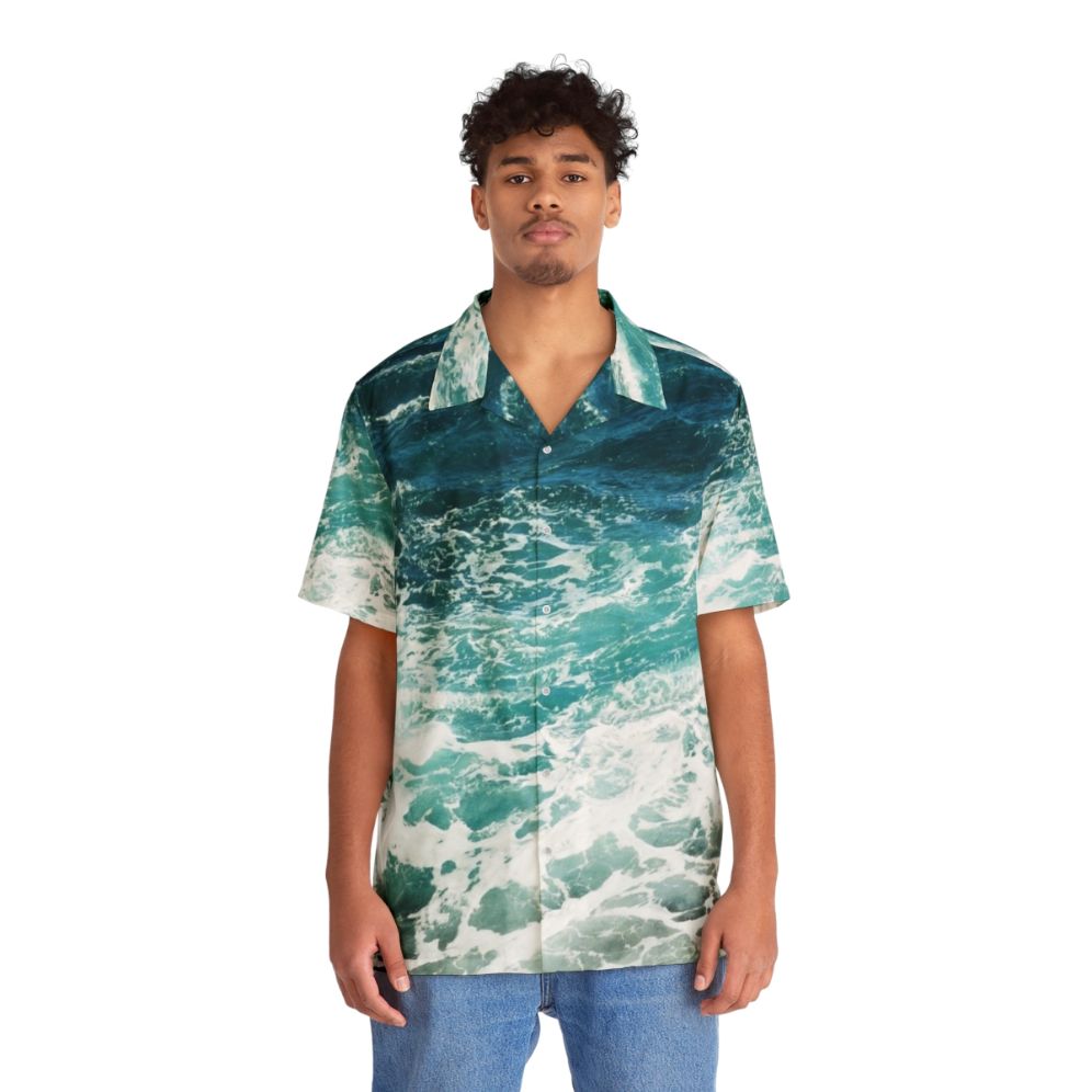 Blue Ocean Waves Hawaiian Shirt with Wave Pattern - People Front