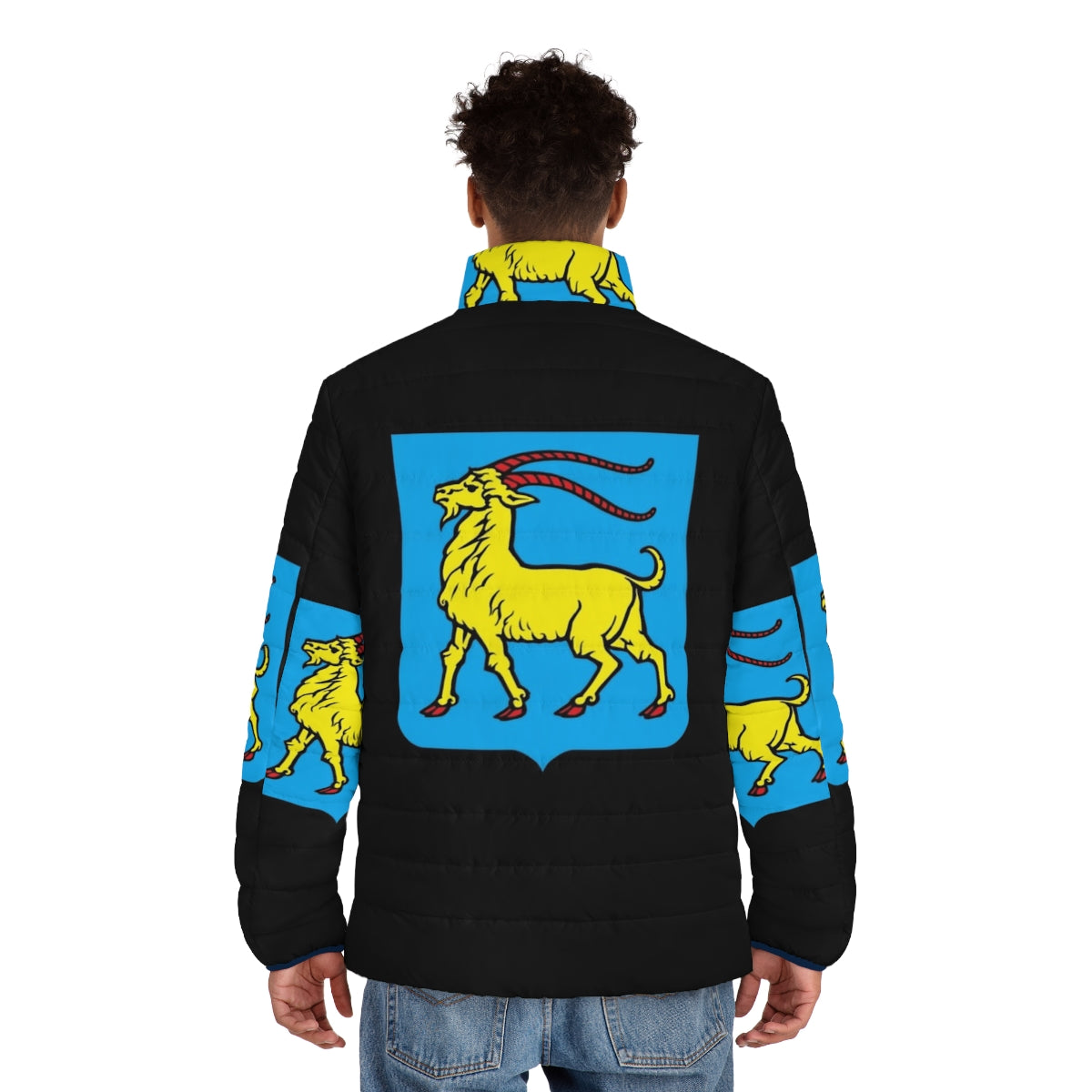 Puffer jacket featuring the coat of arms of Istria, Croatia with a heraldic goat design - men back