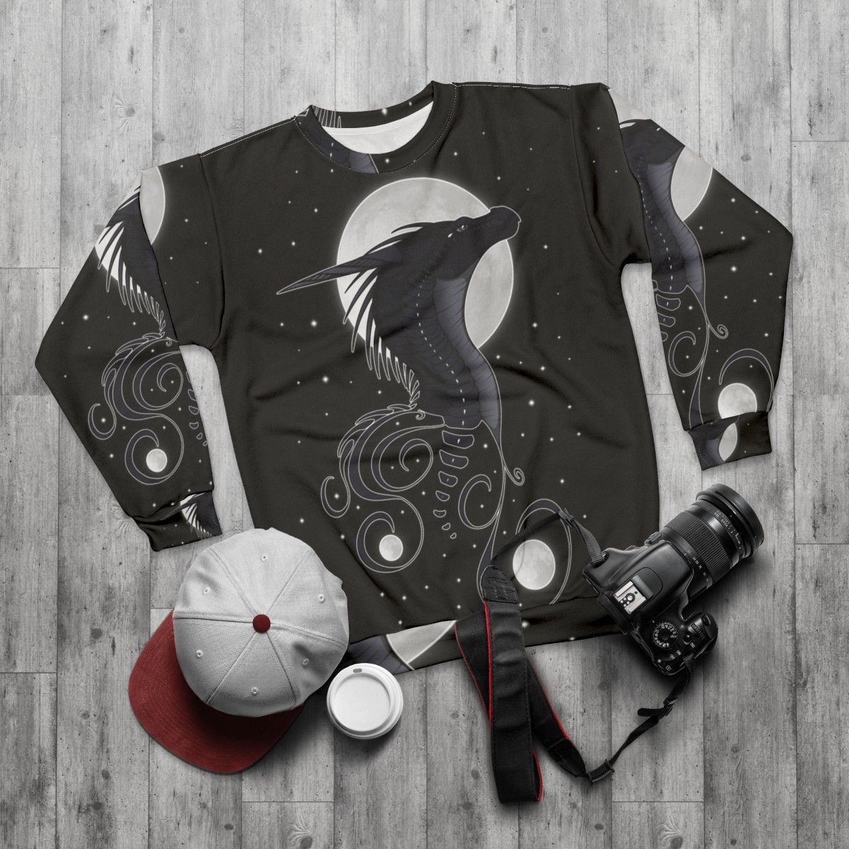 Wings of Fire Darkstalker Sweatshirt featuring dragon, nightwing, and icewing designs - flat lay