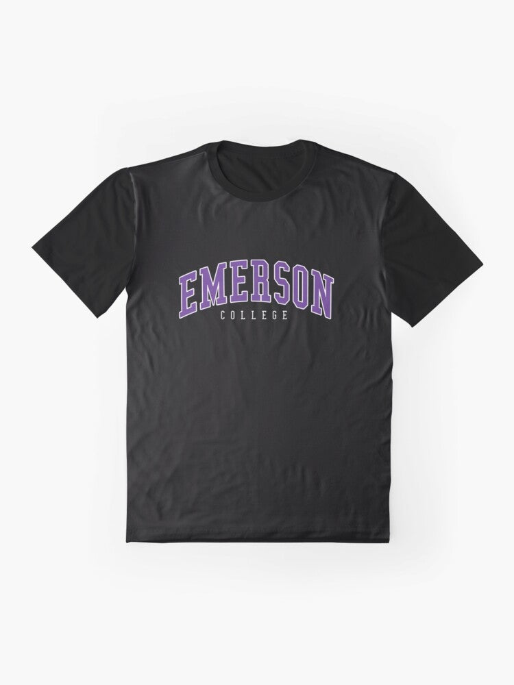 Emerson College Graphic T-Shirt featuring a curved college font logo design - Flat lay