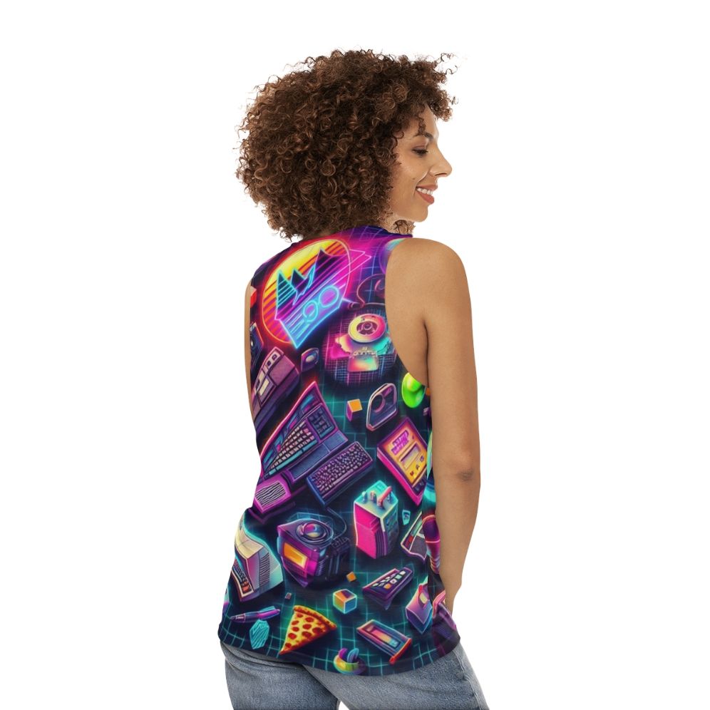 Retro-inspired colorful tech unisex tank top - women back