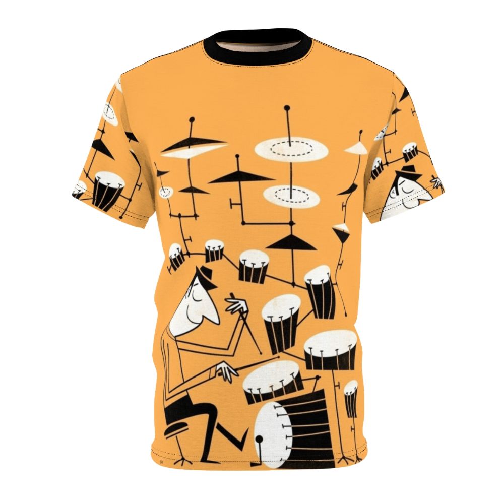 A graphic t-shirt featuring a funky, retro-inspired design with drums and a musical beat.