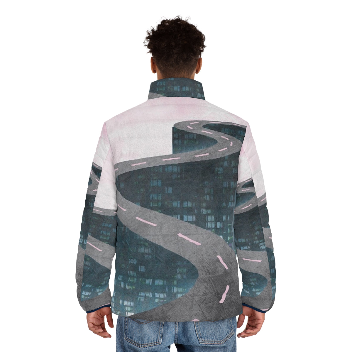 Retro futuristic "A Million Miles Away" puffer jacket with vaporwave and cyberpunk aesthetics - men back