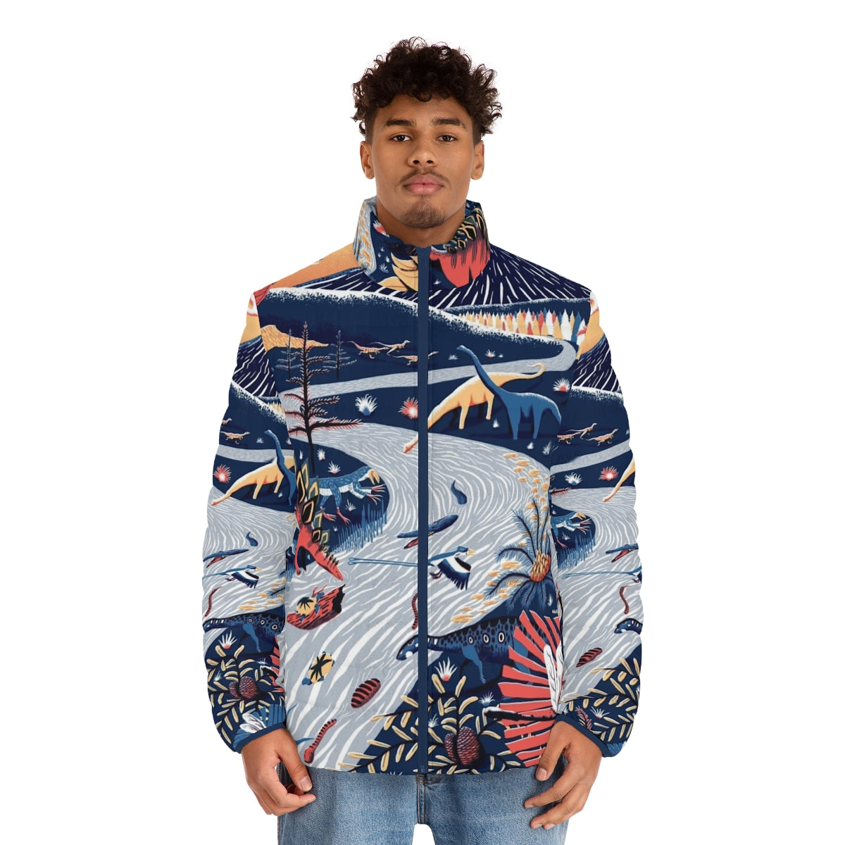 Jurassic puffer jacket featuring a colorful, limited palette design inspired by prehistoric animals - men front