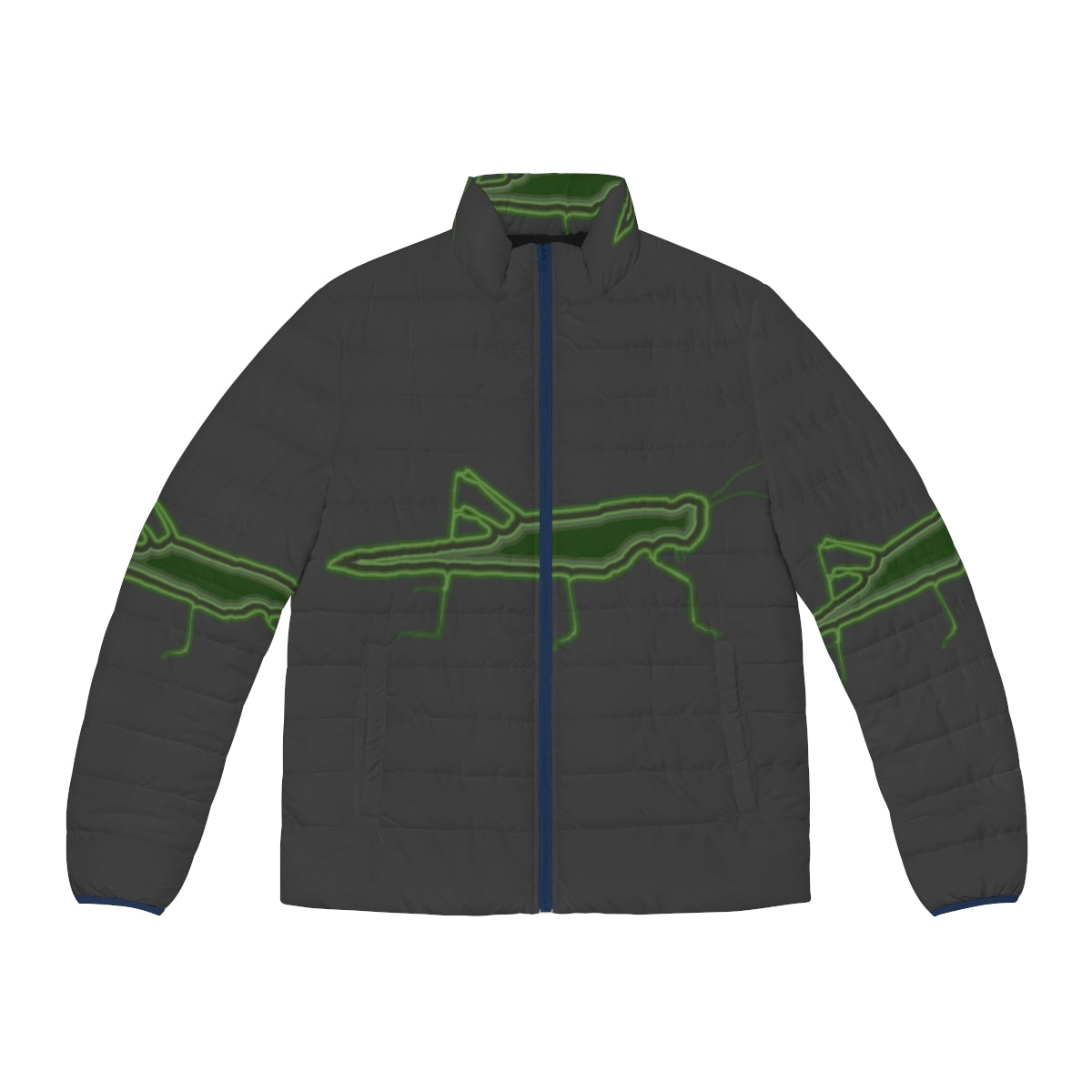 Colorful puffer jacket featuring a grasshopper design representing legendary animals