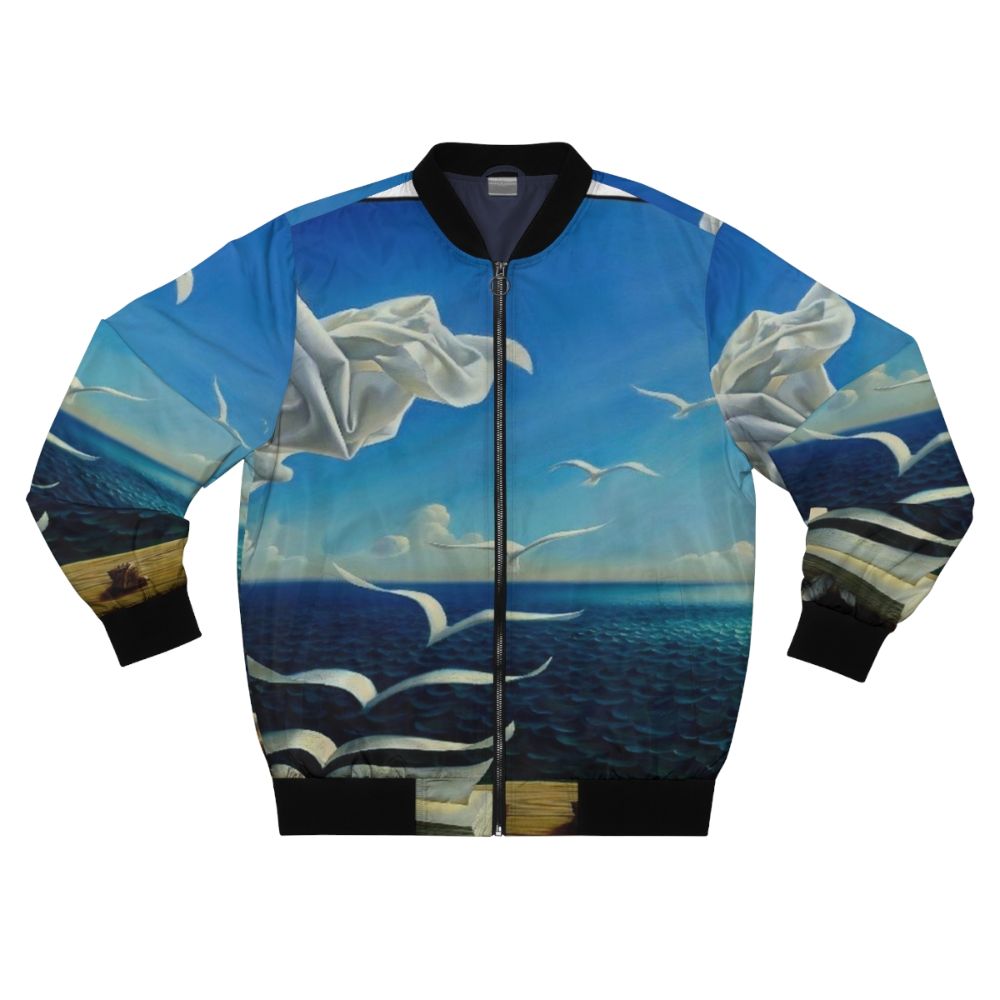 Vintage fantasy surreal print bomber jacket featuring book pages, birds, and sun imagery