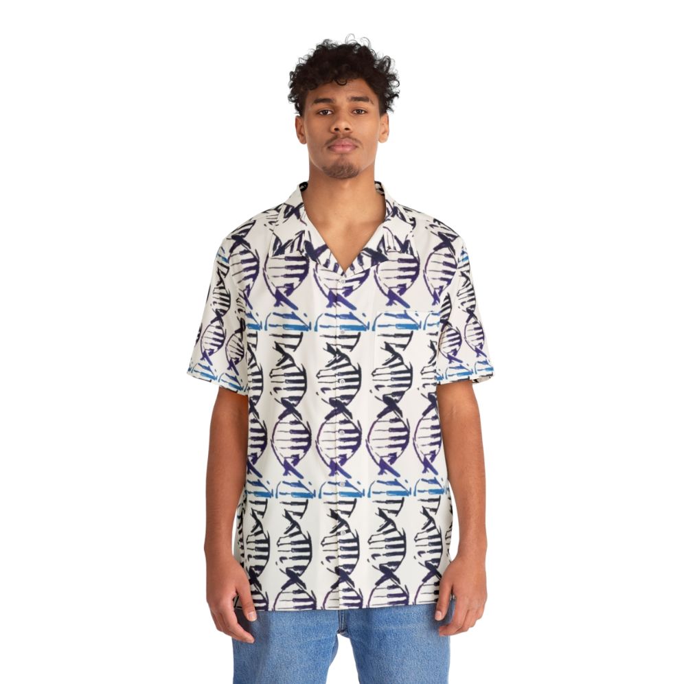 DNA inspired Hawaiian shirt with piano keys and double helix pattern - People Front