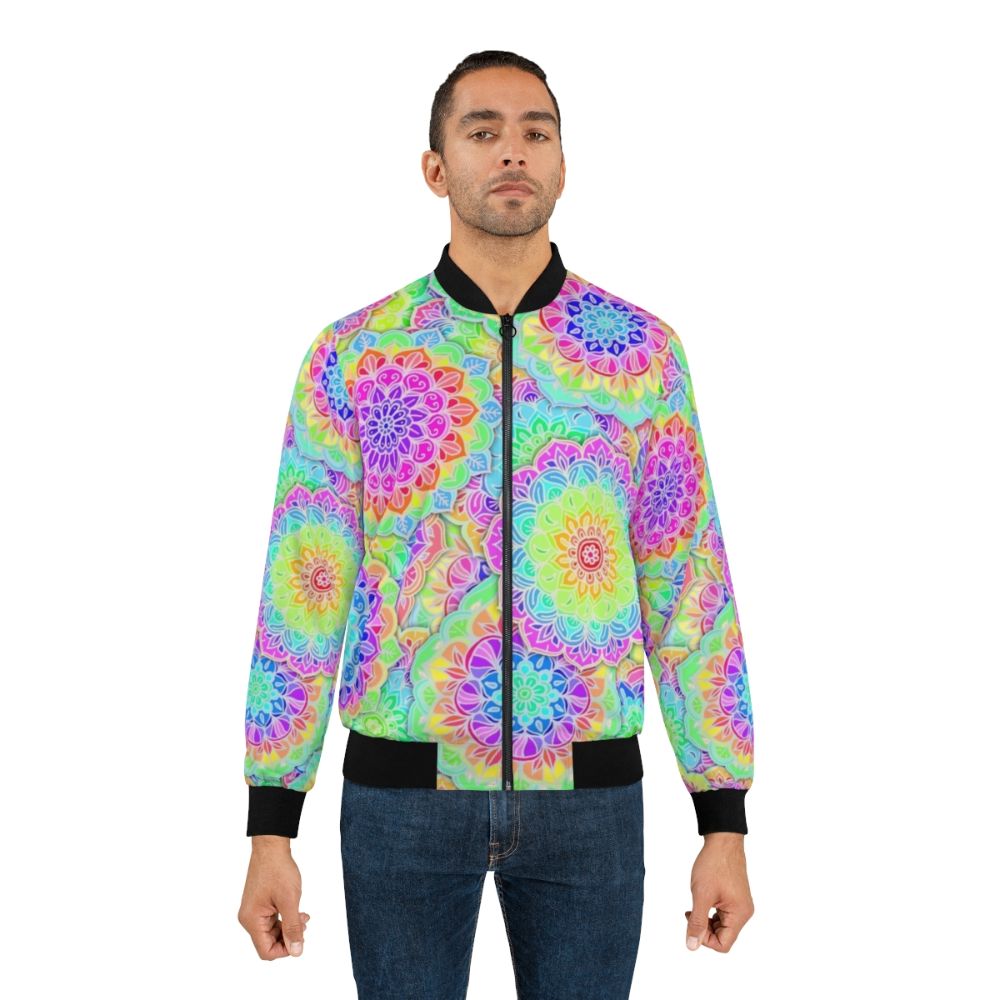 Psychedelic summer bomber jacket with boho mandala design in bright, colorful neon shades - Lifestyle