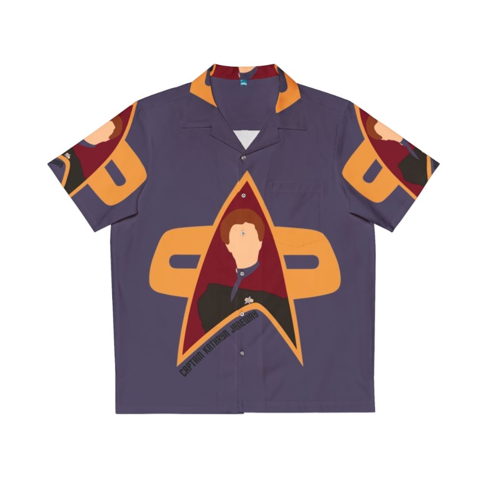 Captain Janeway wearing a Star Trek Voyager Hawaiian shirt