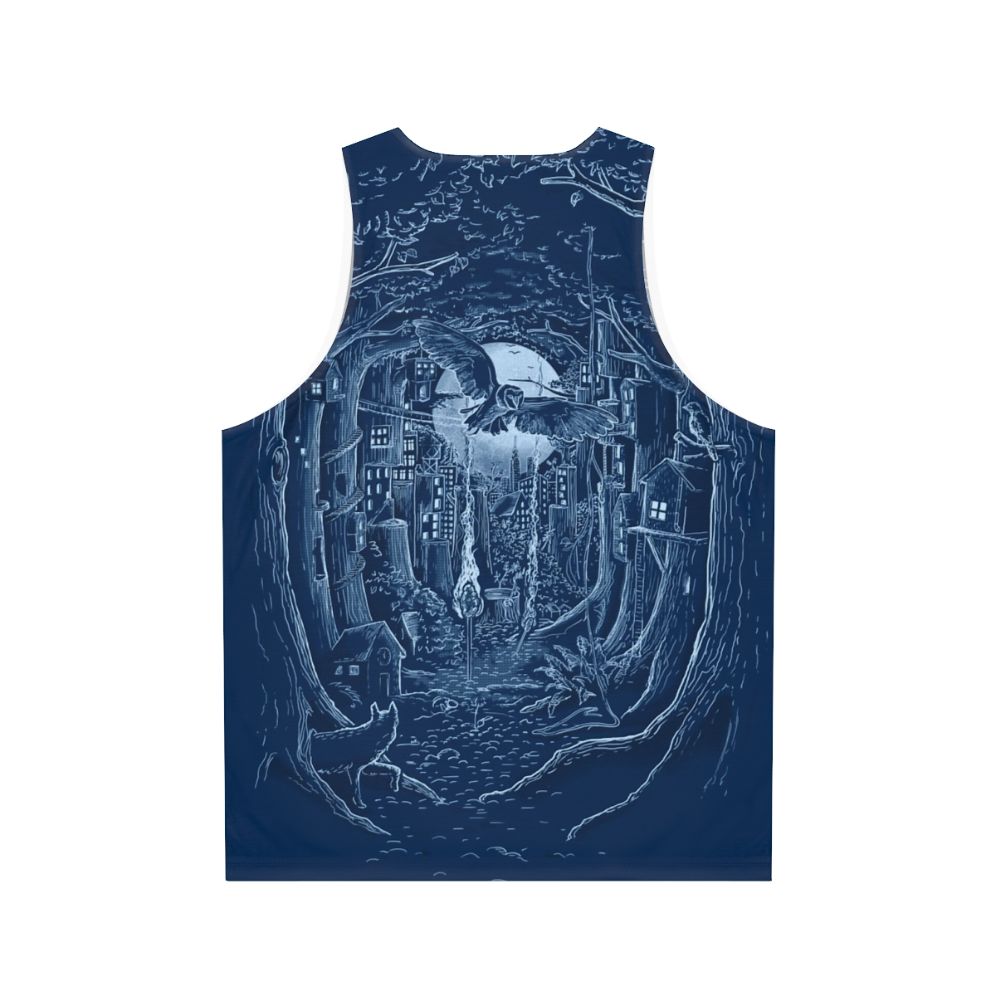 Enchanting forest unisex tank top with moonlit cityscape and wildlife - Back