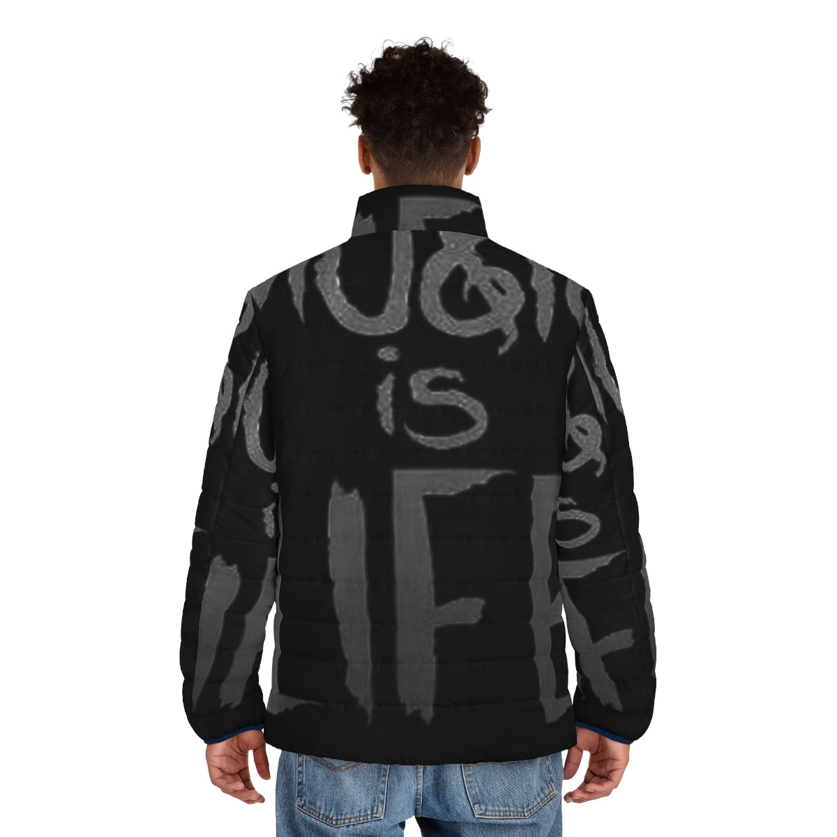 Person wearing music-themed puffer jacket - men back