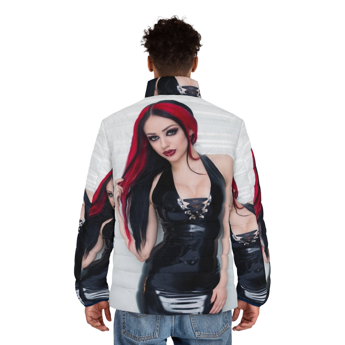 Dani Divine wearing a stylish latex puffer jacket, a unique alternative fashion piece - men back