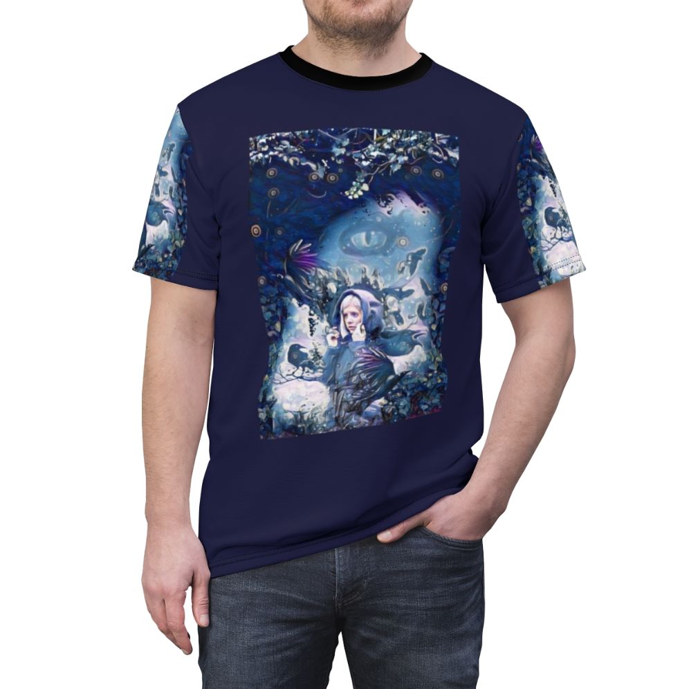 T-shirt with a design featuring crows, inspired by the music and aesthetic of artist Aurora Aksnes - men front