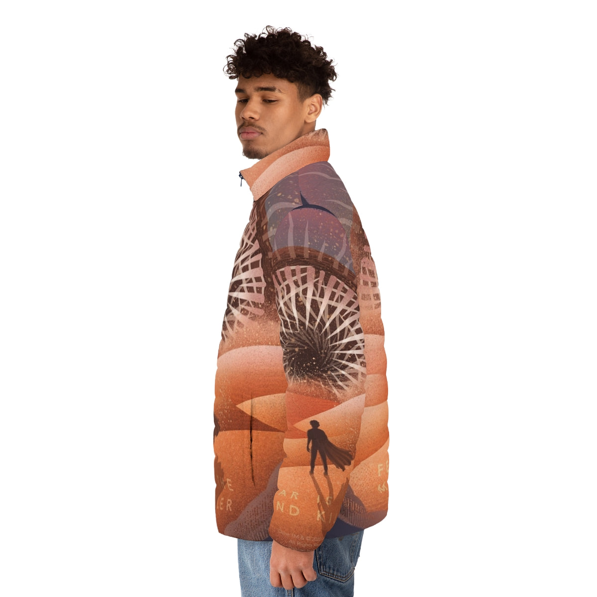 Dune The Fear Is The Mind Killer Puffer Jacket featuring a sandworm design - men side left