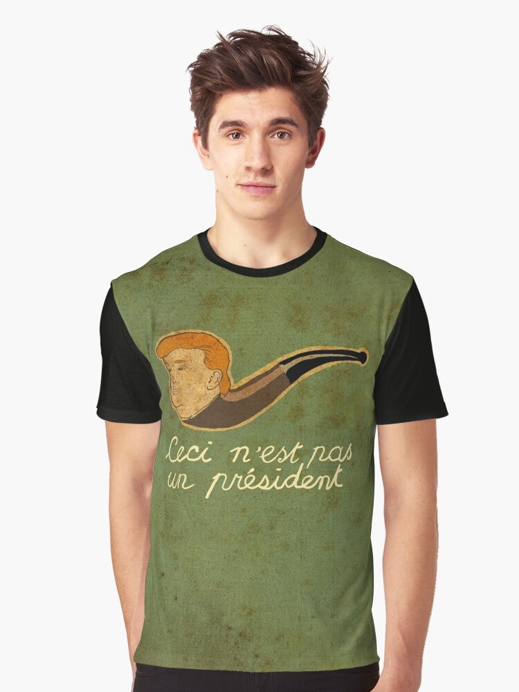 Surreal graphic t-shirt featuring the text "CECI N'EST PAS UN PRESIDENT" inspired by the works of René Magritte's surrealist art. - Men