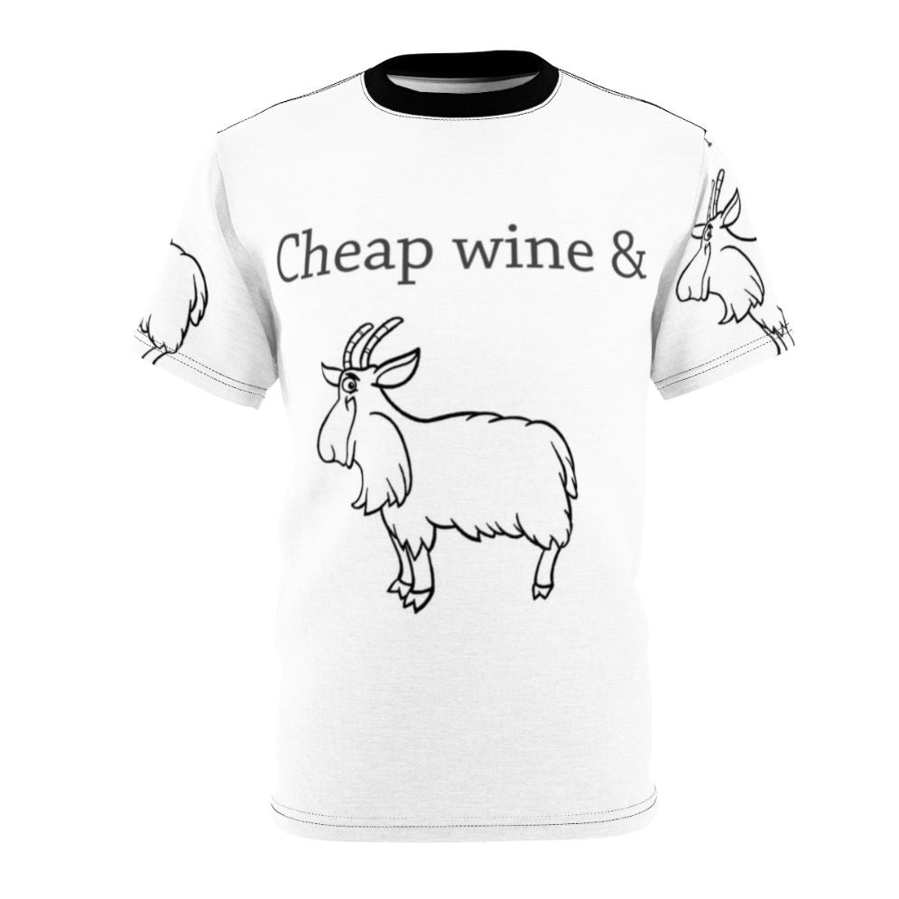 Humorous Australian-inspired t-shirt design featuring a cartoon three-legged goat and a glass of wine, with geometric shapes and elements of music and nature.