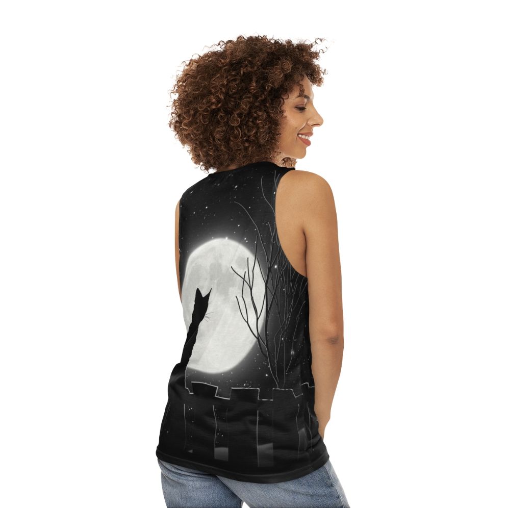 Enchanting cat under the bright moon on a unisex tank top - women back