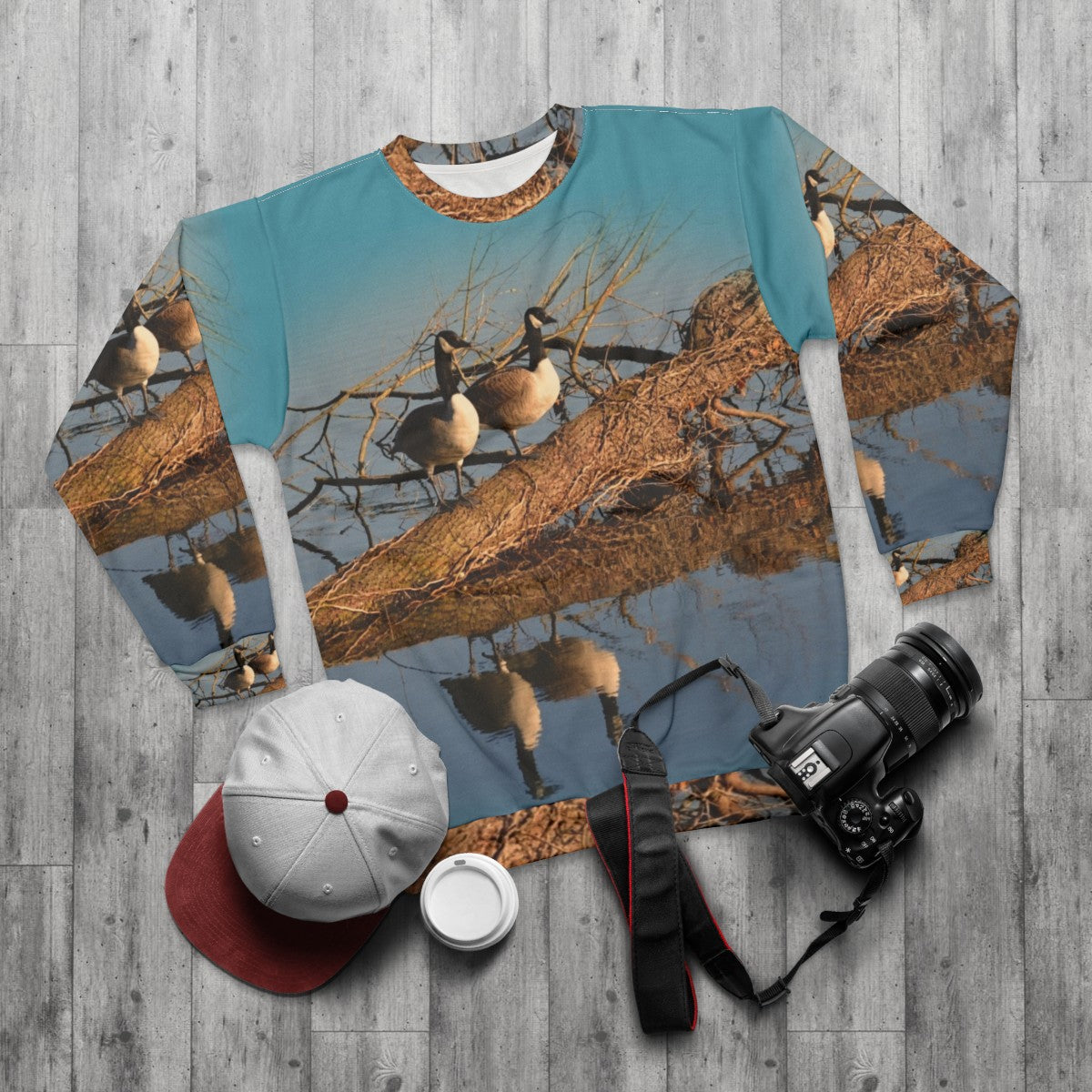 Geese at the lake nature sweatshirt - flat lay