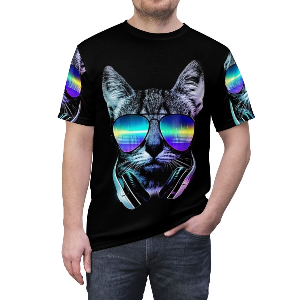 Illustration of a cat wearing headphones against a neon city skyline background on a t-shirt - men front