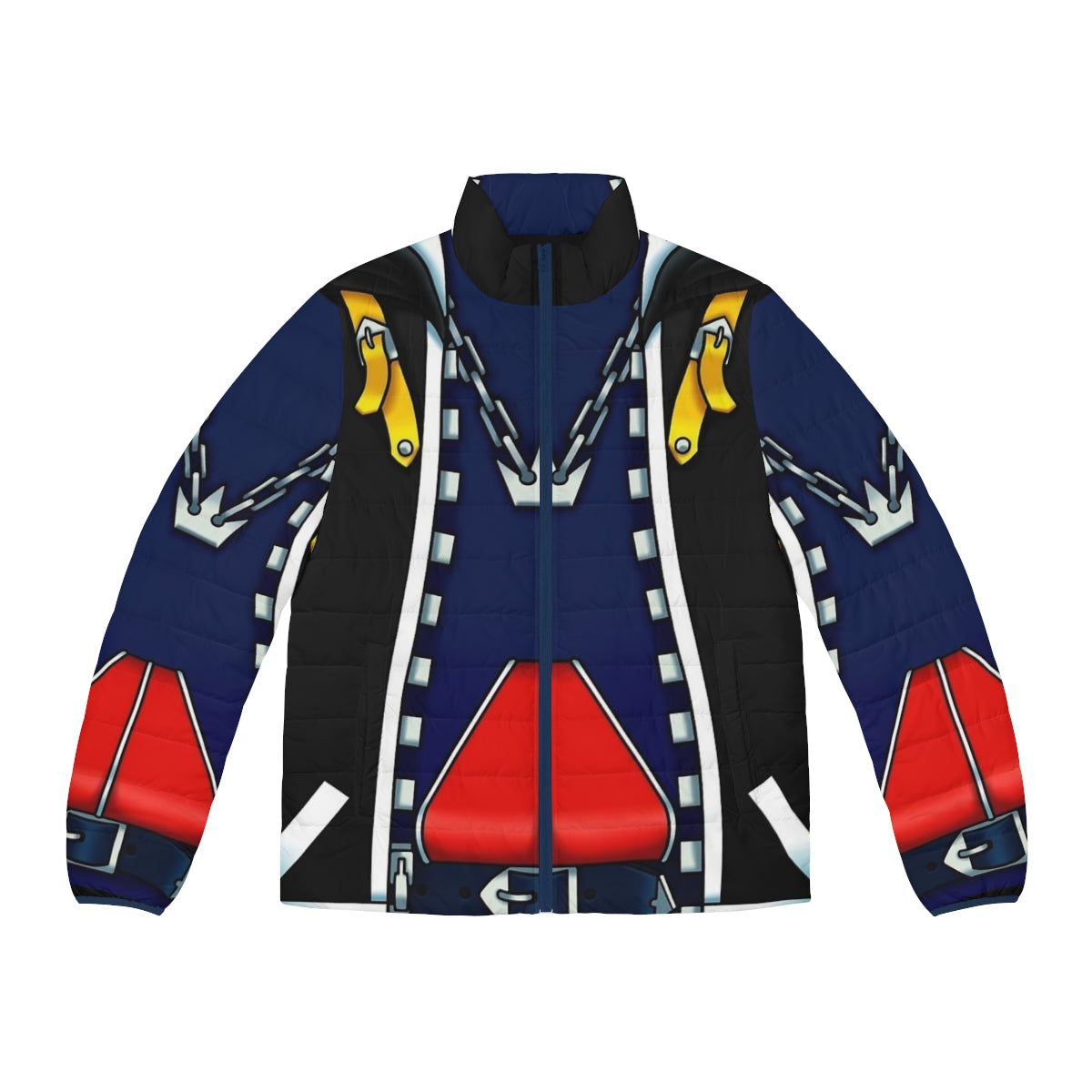 Kingdom Hearts cosplay puffer jacket featuring Sora, Riku, and Kairi