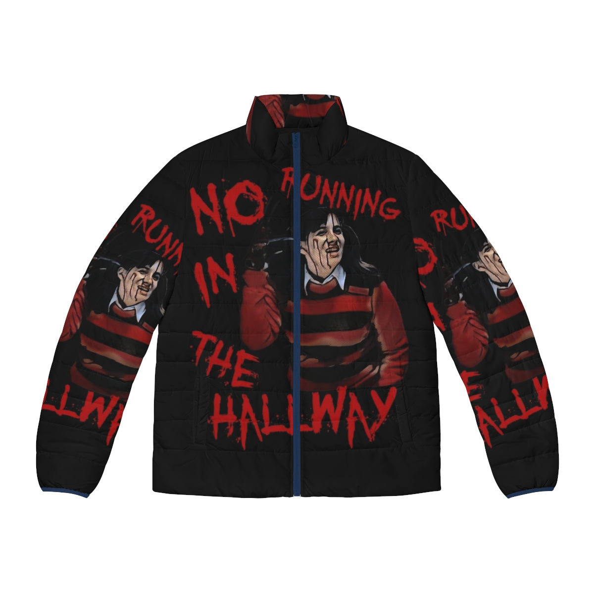 "No Running in the Hallway" puffer jacket with Freddy Krueger inspired design