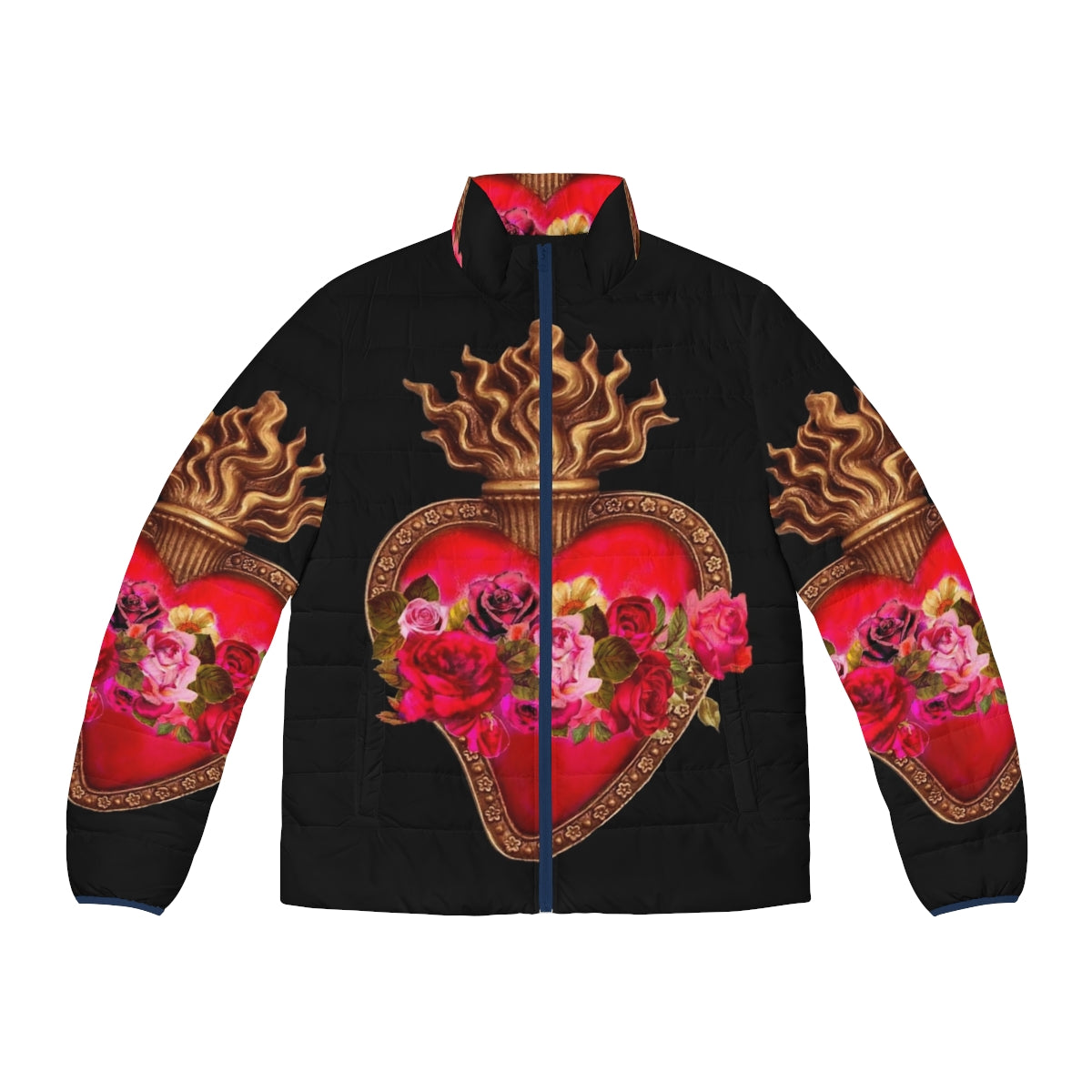 Red puffer jacket with sacred heart design, perfect for faith-based fashion