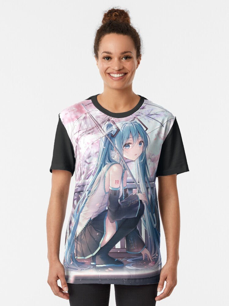 Hatsune Miku, a popular anime character, featured on a vibrant graphic t-shirt. - Women