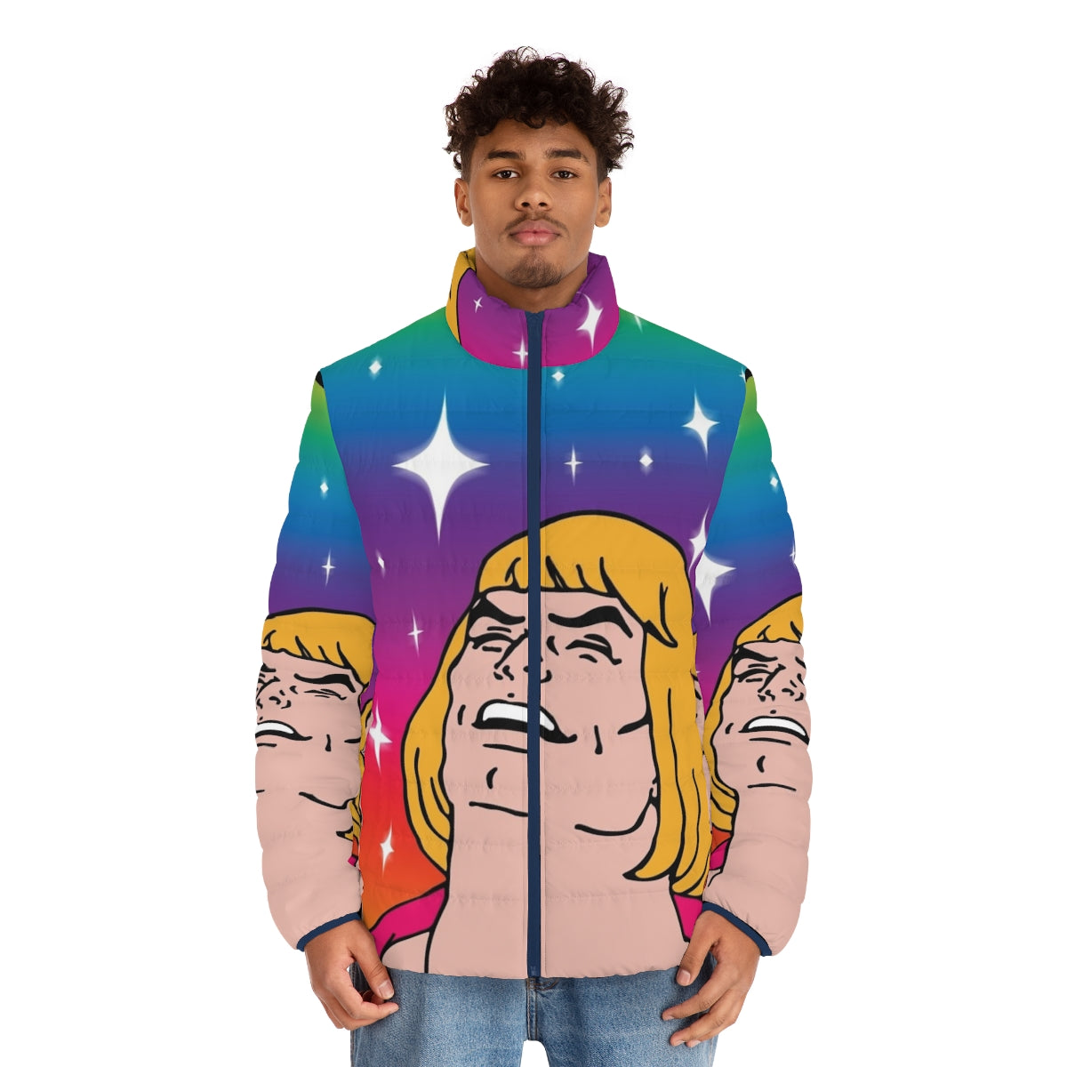 Retro "What's Going On?" He-Man inspired puffer jacket with colorful 80s design - men front