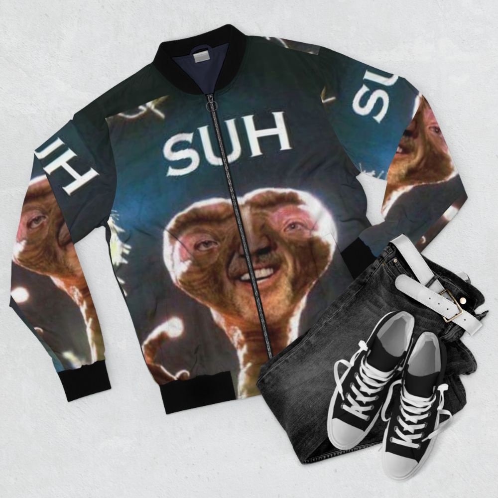 E.T. inspired "Suh Dude" meme bomber jacket - Flat lay