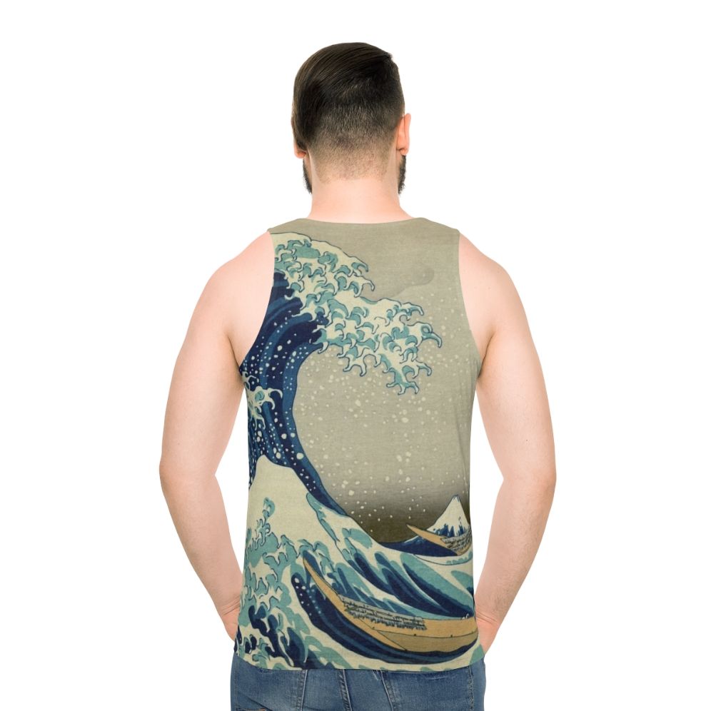 Unisex tank top featuring Hokusai's iconic Kanagawa Wave design - men back