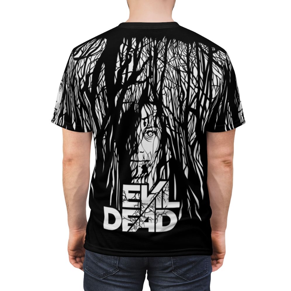 Frightening t-shirt design featuring the Evil Dead movie logo and imagery - men back