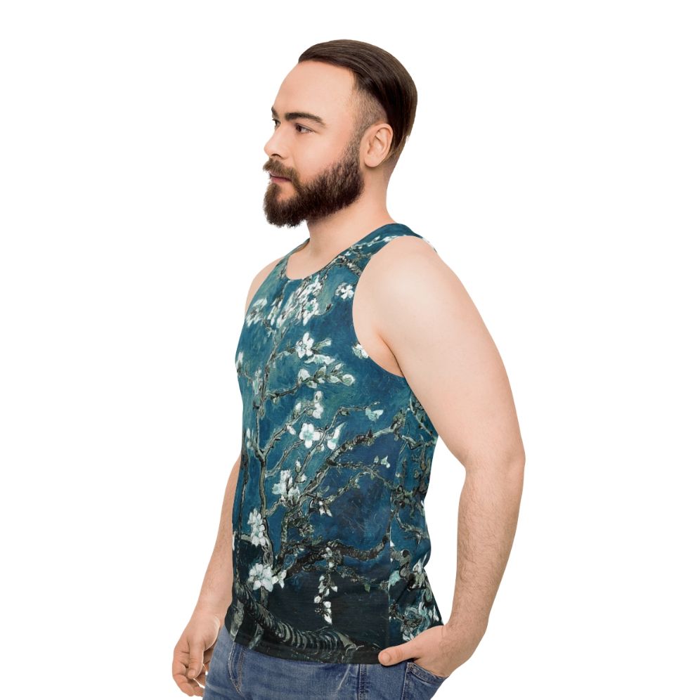 Vintage inspired Van Gogh Almond Blossoms Teal Unisex Tank Top - men side