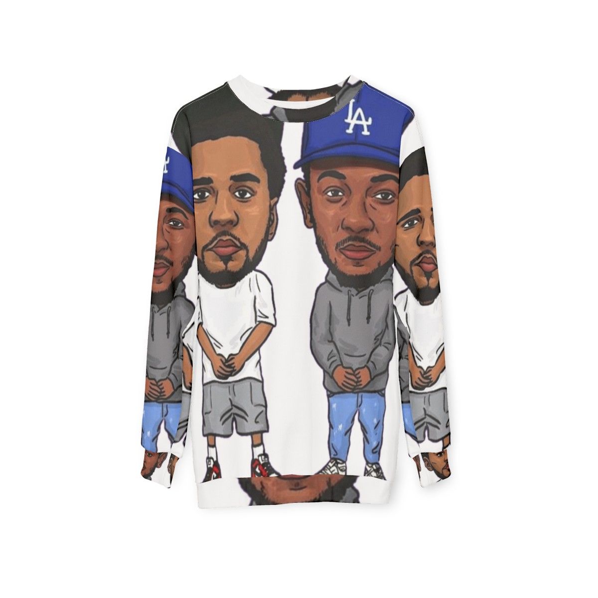 Kendrick Lamar x J Cole Rap Artist Sweatshirt with Hip Hop Pop Art Design - hanging