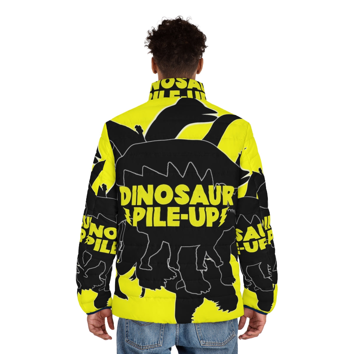 Dinosaur Pile Up Puffer Jacket featuring a dinosaur design for indie music fans - men back