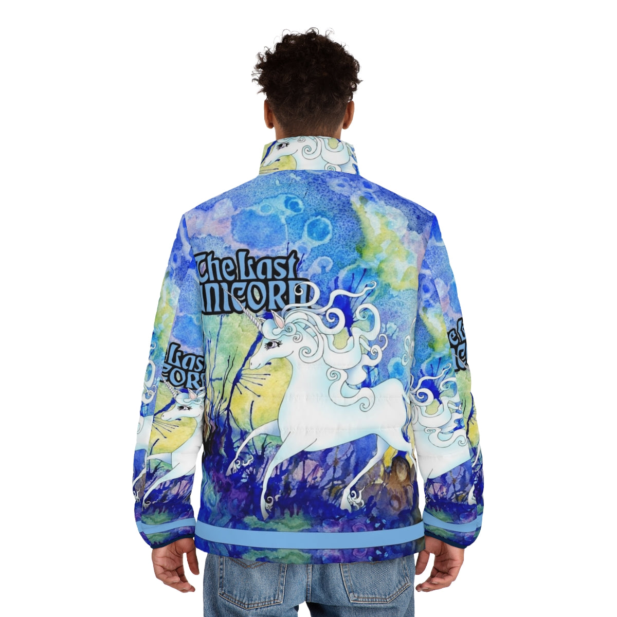 Model wearing a puffer jacket featuring a unicorn design, inspired by the classic fantasy tale 'The Last Unicorn' - men back