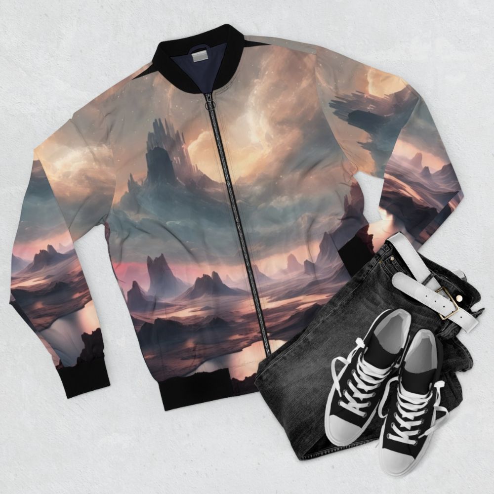 A bomber jacket featuring a cosmic fantasy sci-fi landscape graphic design. - Flat lay