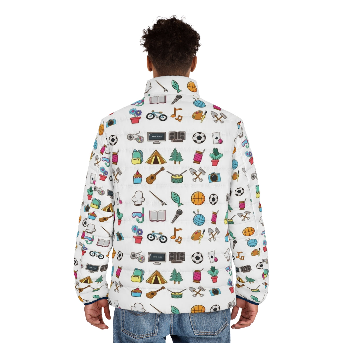 Hobbies Sticker Pack Puffer Jacket featuring icons for various hobbies like music, travel, food, reading, yoga, and more - men back