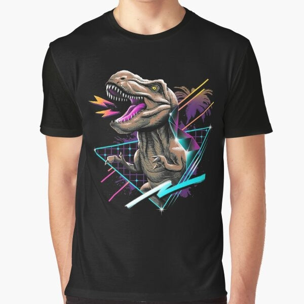 A retro graphic t-shirt featuring a tyrannosaurus rex dinosaur design.