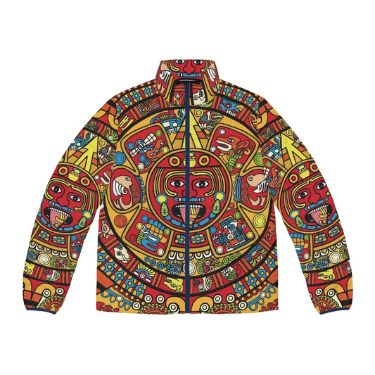 Colorful Mayan Calendar Puffer Jacket featuring aztec and tribal designs