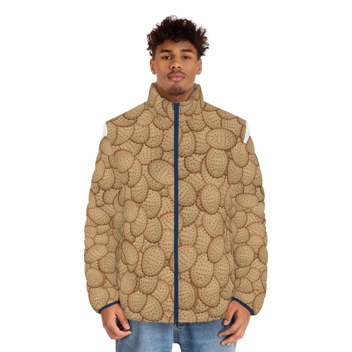 Chicken Crimpy Shapes Puffer Jacket featuring a collage of iconic Arnotts biscuits - men front